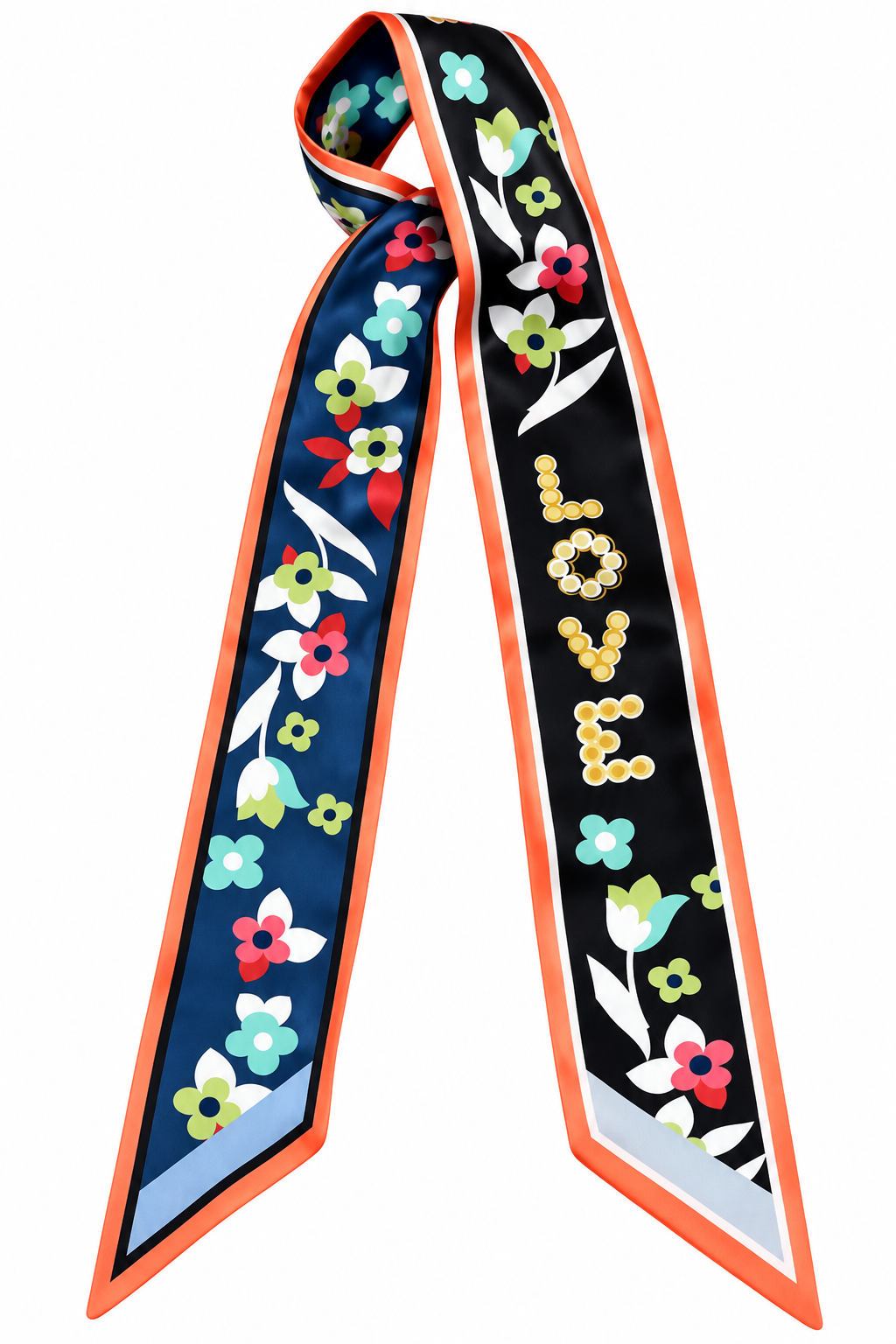 Black floral satin scarf flat lay