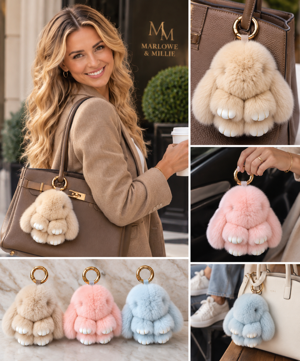 Fluffy bunny bag charm lifestyle — all three colors
