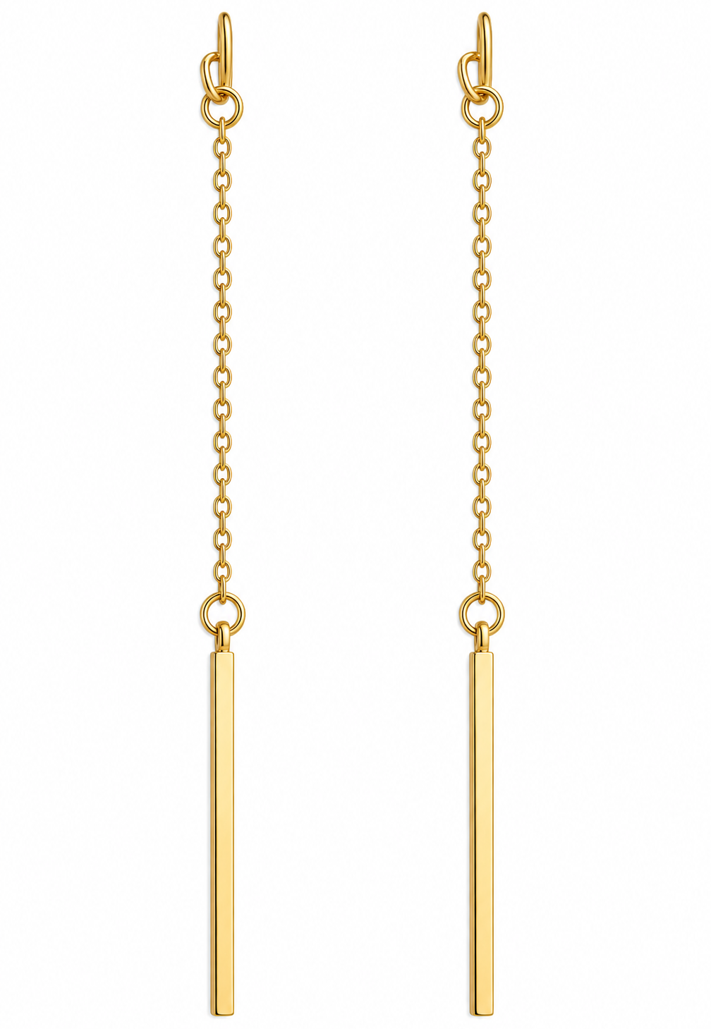 Gold bar dangle earrings on white background