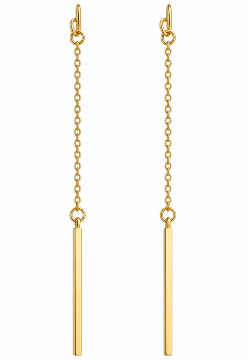Gold bar dangle earrings on white background
